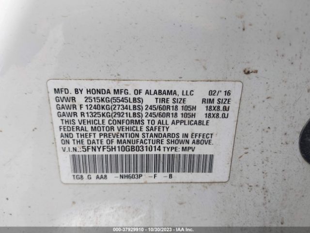 Photo 8 VIN: 5FNYF5H10GB031014 - HONDA PILOT 