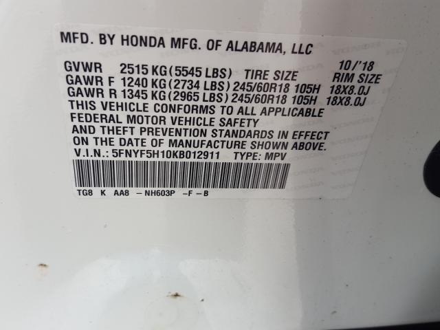 Photo 9 VIN: 5FNYF5H10KB012911 - HONDA PILOT LX 