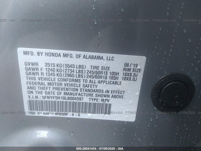 Photo 8 VIN: 5FNYF5H10LB004597 - HONDA PILOT 