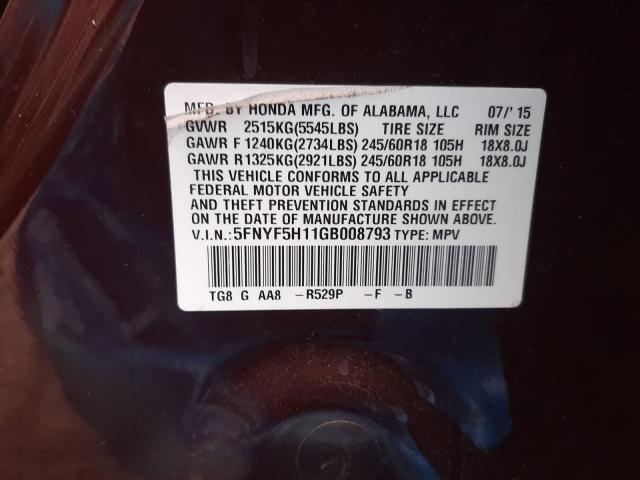 Photo 9 VIN: 5FNYF5H11GB008793 - HONDA PILOT LX 