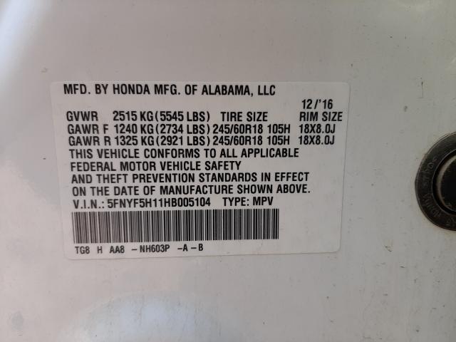 Photo 9 VIN: 5FNYF5H11HB005104 - HONDA PILOT LX 