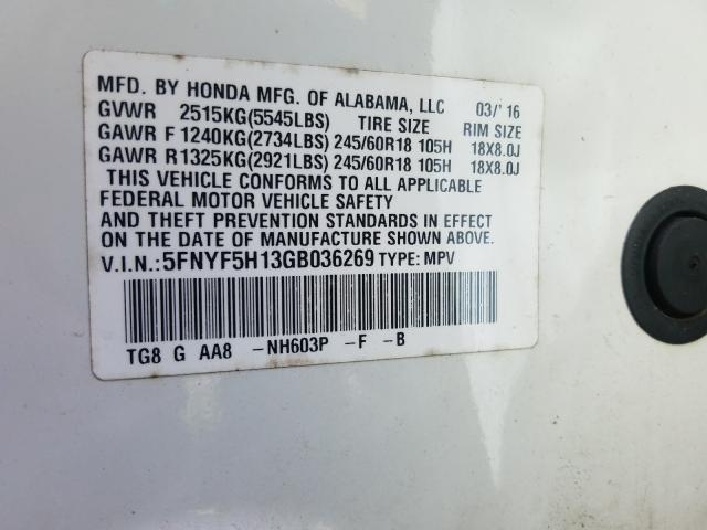 Photo 9 VIN: 5FNYF5H13GB036269 - HONDA PILOT LX 