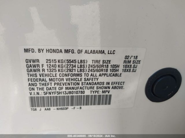 Photo 8 VIN: 5FNYF5H13JB010780 - HONDA PILOT 