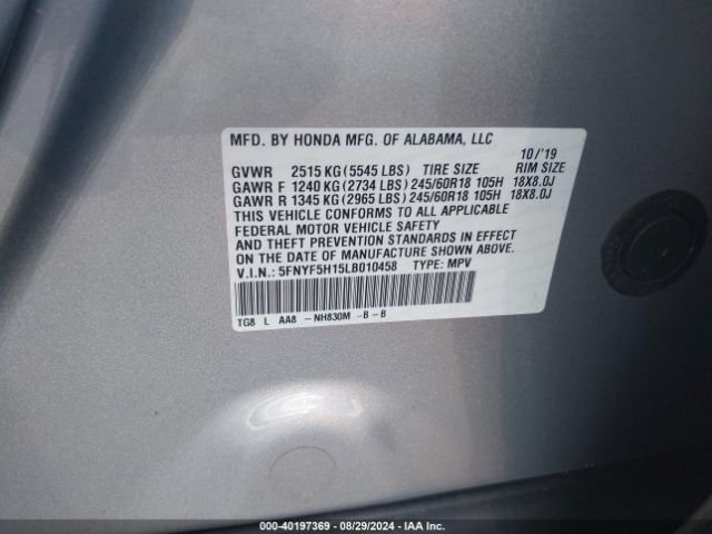 Photo 8 VIN: 5FNYF5H15LB010458 - HONDA PILOT 