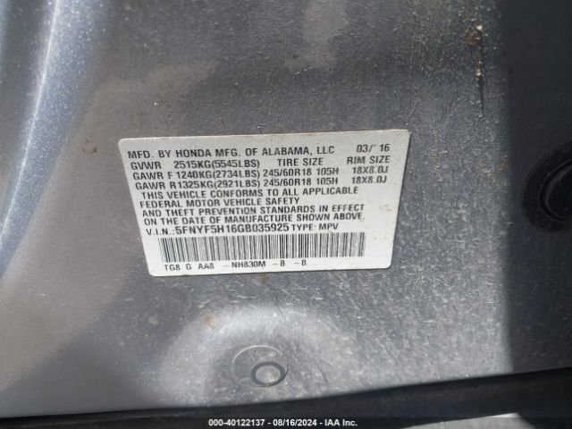 Photo 8 VIN: 5FNYF5H16GB035925 - HONDA PILOT 