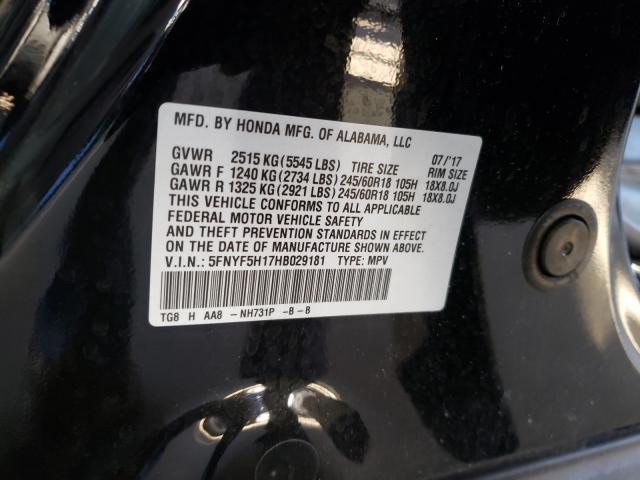 Photo 9 VIN: 5FNYF5H17HB029181 - HONDA PILOT LX 