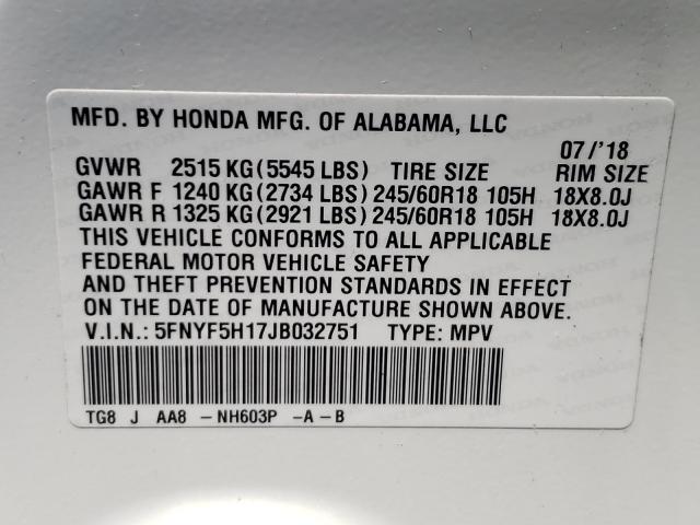 Photo 9 VIN: 5FNYF5H17JB032751 - HONDA PILOT LX 