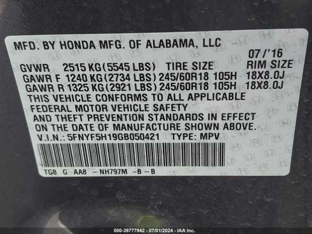 Photo 8 VIN: 5FNYF5H19GB050421 - HONDA PILOT 