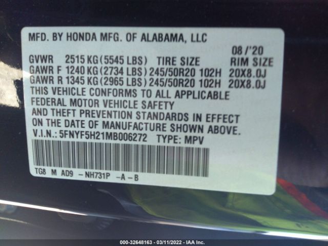 Photo 8 VIN: 5FNYF5H21MB006272 - HONDA PILOT 