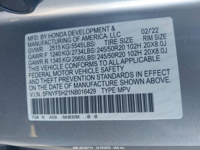 Photo 8 VIN: 5FNYF5H21NB016429 - HONDA PILOT 