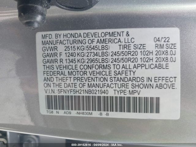 Photo 8 VIN: 5FNYF5H21NB021940 - HONDA PILOT 