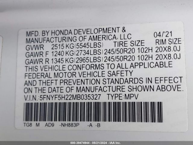 Photo 8 VIN: 5FNYF5H22MB035327 - HONDA PILOT 