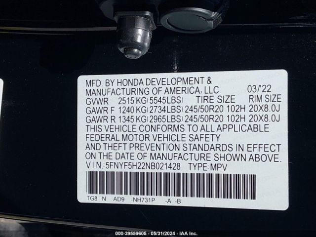 Photo 8 VIN: 5FNYF5H22NB021428 - HONDA PILOT 