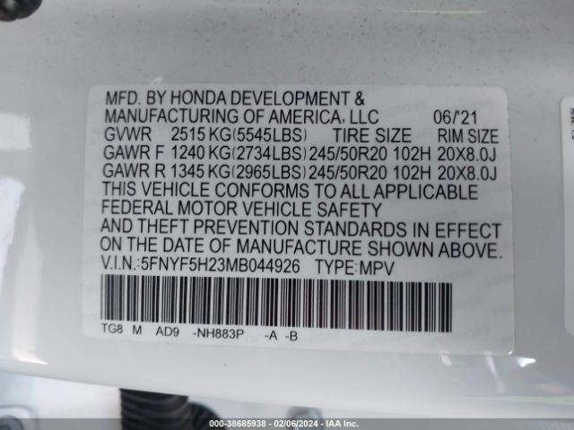 Photo 8 VIN: 5FNYF5H23MB044926 - HONDA PILOT 