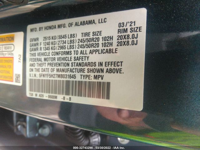 Photo 8 VIN: 5FNYF5H27MB031645 - HONDA PILOT 