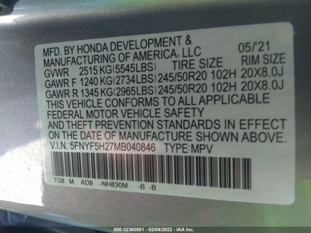 Photo 8 VIN: 5FNYF5H27MB040846 - HONDA PILOT 