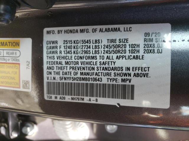 Photo 9 VIN: 5FNYF5H28MB010643 - HONDA PILOT SE 