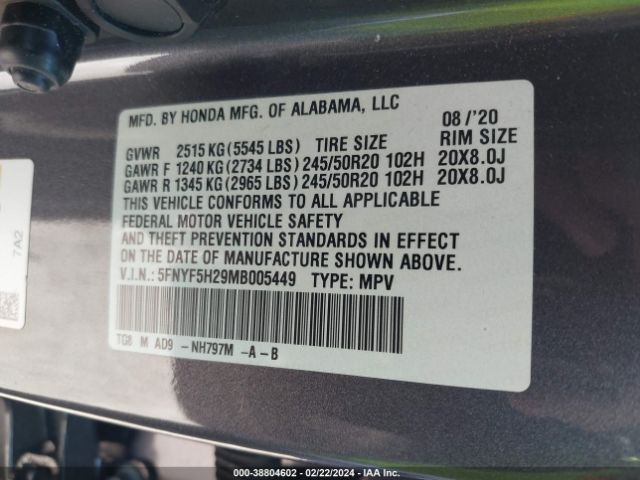 Photo 8 VIN: 5FNYF5H29MB005449 - HONDA PILOT 