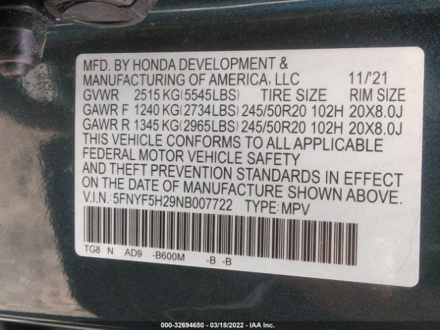 Photo 8 VIN: 5FNYF5H29NB007722 - HONDA PILOT 