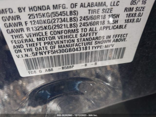 Photo 8 VIN: 5FNYF5H30GB043181 - HONDA PILOT 