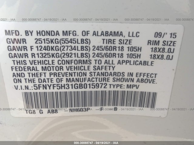 Photo 8 VIN: 5FNYF5H31GB015972 - HONDA PILOT 