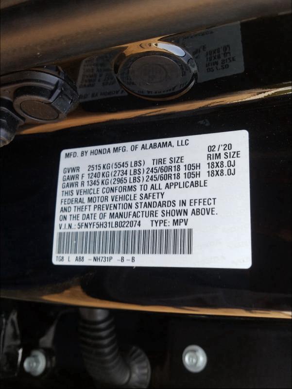 Photo 9 VIN: 5FNYF5H31LB022074 - HONDA PILOT 