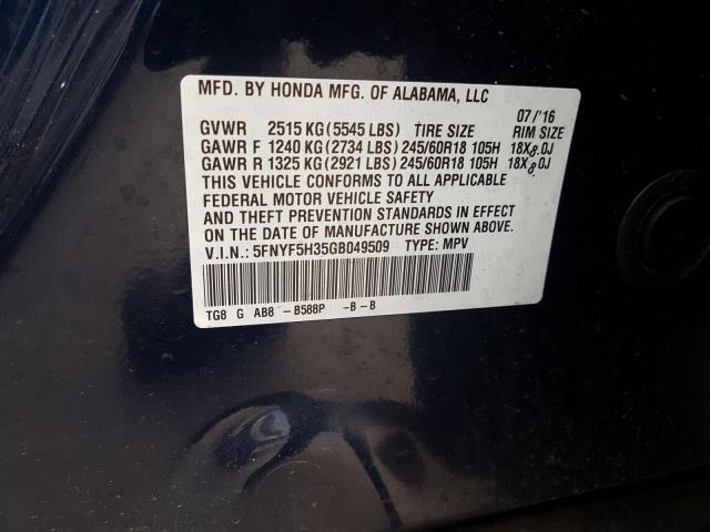 Photo 9 VIN: 5FNYF5H35GB049509 - HONDA PILOT EX 