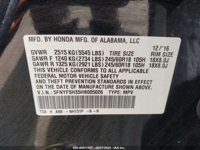 Photo 8 VIN: 5FNYF5H35HB005026 - HONDA PILOT 