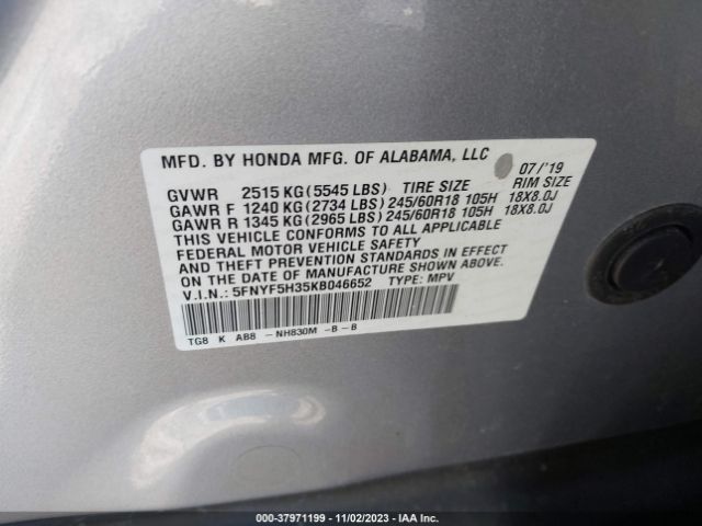 Photo 8 VIN: 5FNYF5H35KB046652 - HONDA PILOT 