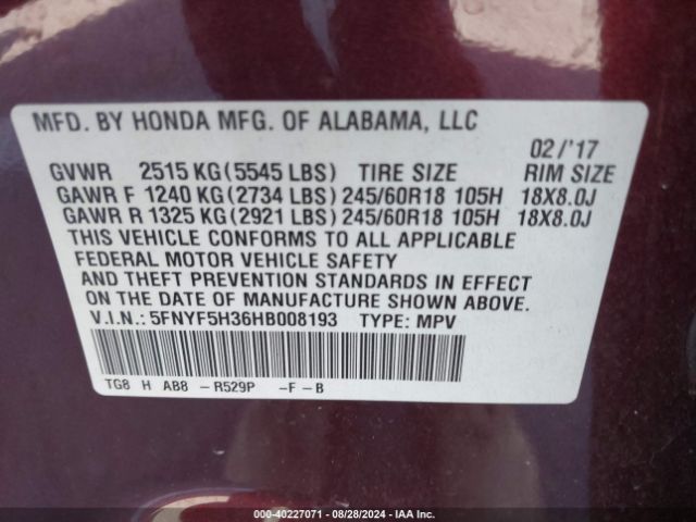 Photo 8 VIN: 5FNYF5H36HB008193 - HONDA PILOT 