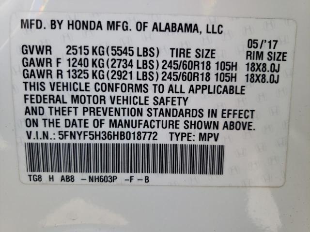 Photo 9 VIN: 5FNYF5H36HB018772 - HONDA PILOT EX 