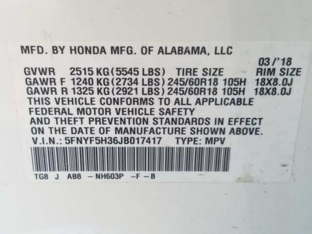 Photo 9 VIN: 5FNYF5H36JB017417 - HONDA PILOT EX 