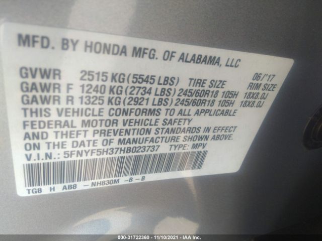 Photo 8 VIN: 5FNYF5H37HB023737 - HONDA PILOT 