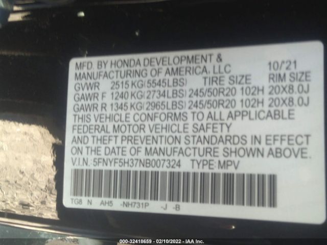 Photo 8 VIN: 5FNYF5H37NB007324 - HONDA PILOT 