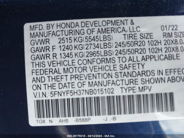 Photo 8 VIN: 5FNYF5H37NB015102 - HONDA PILOT 