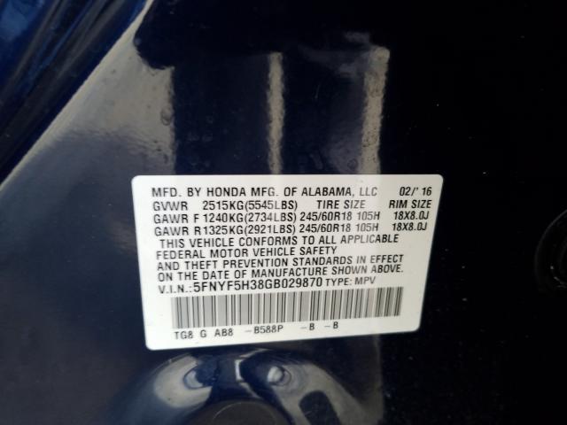 Photo 9 VIN: 5FNYF5H38GB029870 - HONDA PILOT EX 