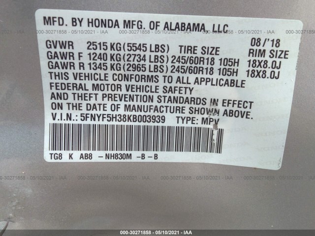 Photo 8 VIN: 5FNYF5H38KB003939 - HONDA PILOT 