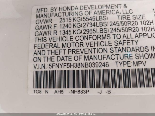 Photo 8 VIN: 5FNYF5H38NB039246 - HONDA PILOT 