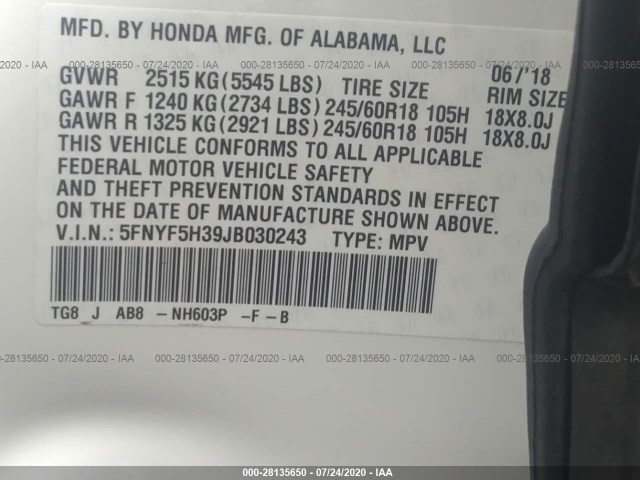 Photo 8 VIN: 5FNYF5H39JB030243 - HONDA PILOT 