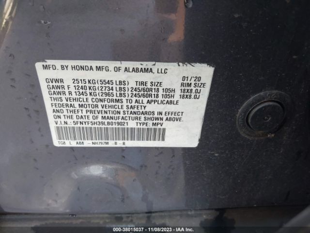 Photo 8 VIN: 5FNYF5H39LB019021 - HONDA PILOT 