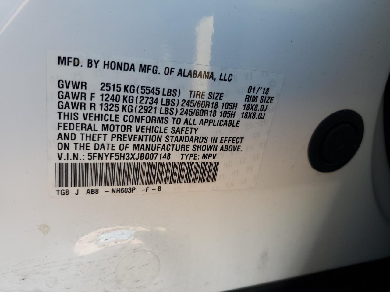 Photo 11 VIN: 5FNYF5H3XJB007148 - HONDA PILOT 