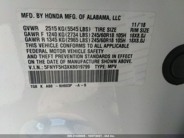 Photo 8 VIN: 5FNYF5H3XKB019799 - HONDA PILOT 