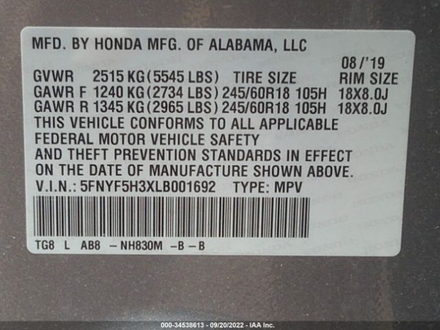 Photo 8 VIN: 5FNYF5H3XLB001692 - HONDA PILOT 