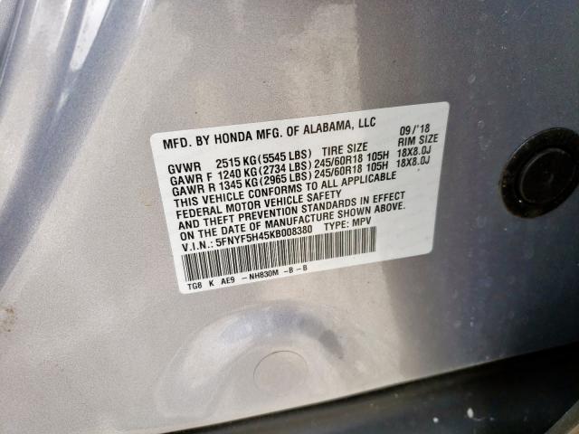 Photo 9 VIN: 5FNYF5H45KB008380 - HONDA PILOT EXL 