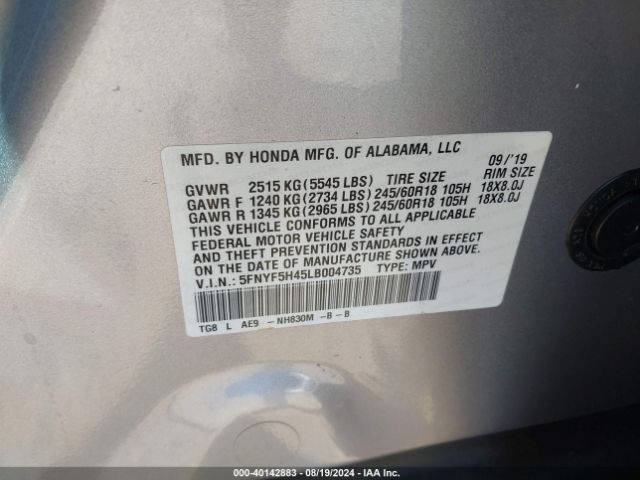 Photo 8 VIN: 5FNYF5H45LB004735 - HONDA PILOT 