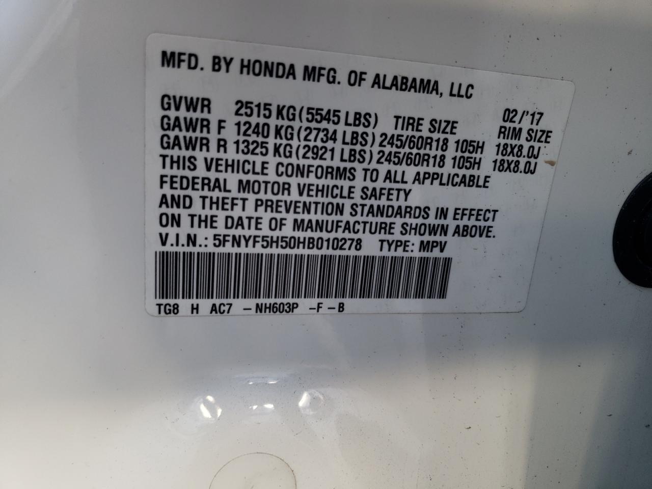 Photo 12 VIN: 5FNYF5H50HB010278 - HONDA PILOT 