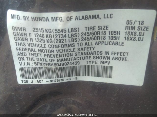 Photo 8 VIN: 5FNYF5H50JB024459 - HONDA PILOT 