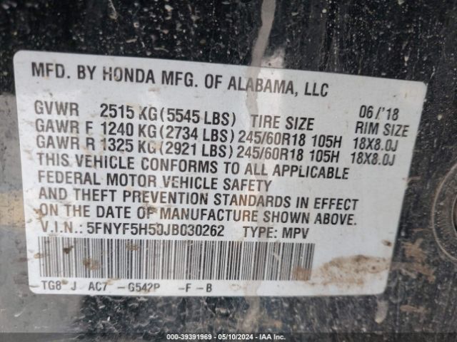 Photo 8 VIN: 5FNYF5H50JB030262 - HONDA PILOT 