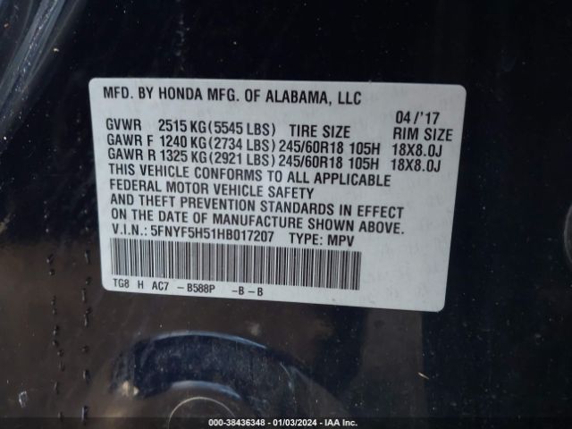 Photo 8 VIN: 5FNYF5H51HB017207 - HONDA PILOT 