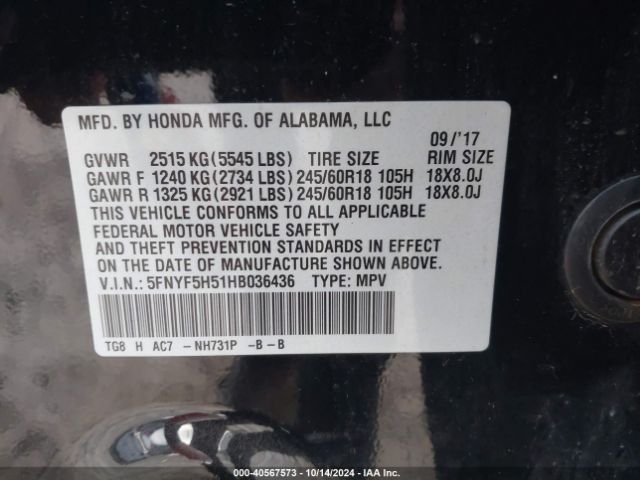 Photo 8 VIN: 5FNYF5H51HB036436 - HONDA PILOT 